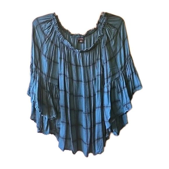 Love Ari Boho Printed Off-Shoulder Stretchy Ruffle Top Blue Fall Size 2X Plaid - Picture 1 of 8